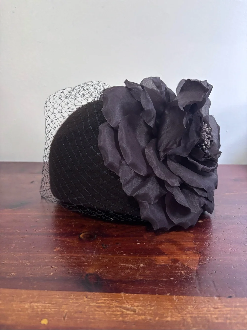 Vintage Chocolate Brown and Plum Veiled Pillbox Fascinator with Oversized Flower